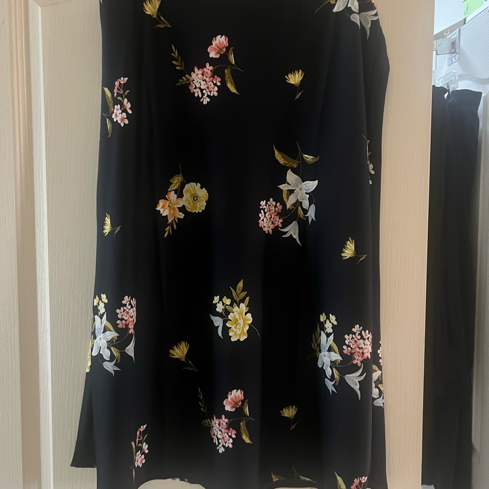 LOFT Black Floral Midi Skirt with Pink and Yellow Blooms
